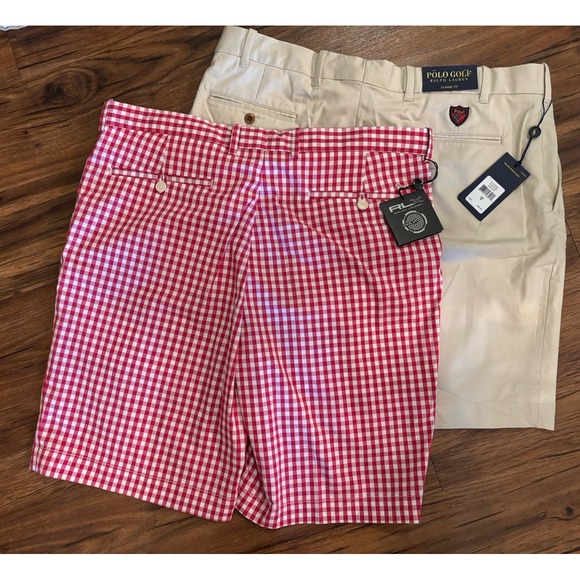 NWT LOT OF 2 Polo Ralp Lauren RLX Golf Shorts Mens 36 Gingham Plaid Khaki Red